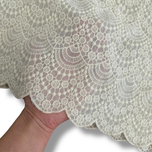 LOFT White Lace Blouse Medium Scallop Hem Short Sleeve Crochet Top Ivory - Picture 5 of 9